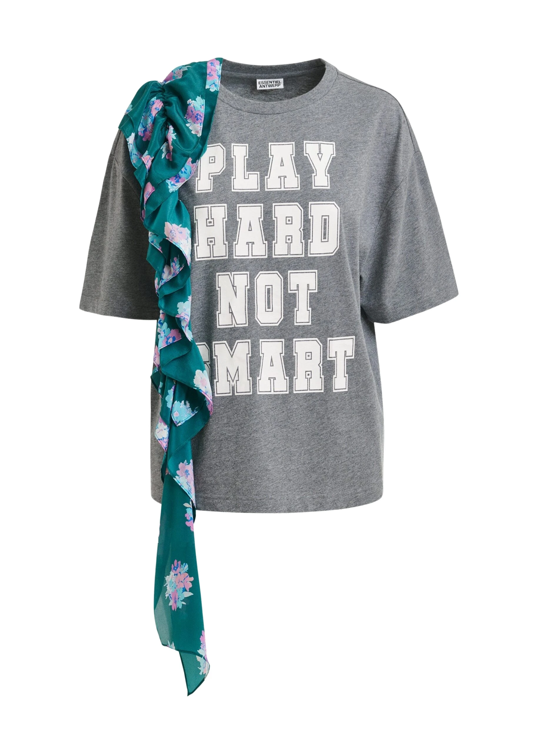 Essentiel-Antwerp-Grey-and-white-printed-cotton-T-shirt-with-turquoise-cascading-frills-scaled46742_nobg Grey and white printed cotton T-shirt with turquoise cascading frills