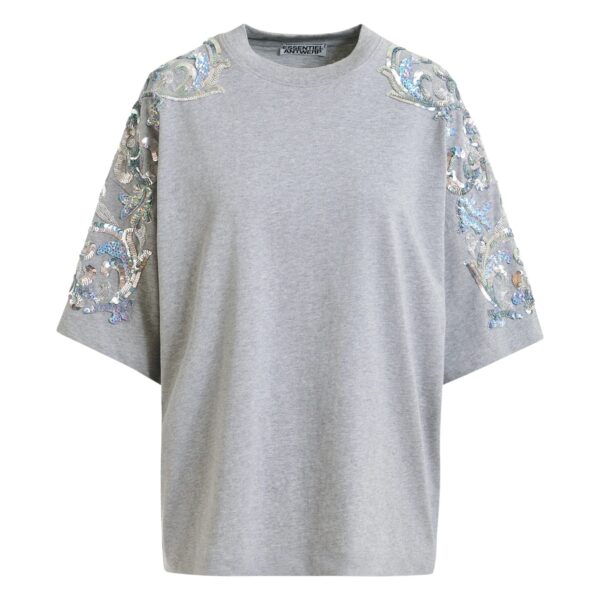 Grey cotton T-shirt with sequin and bead embellishments