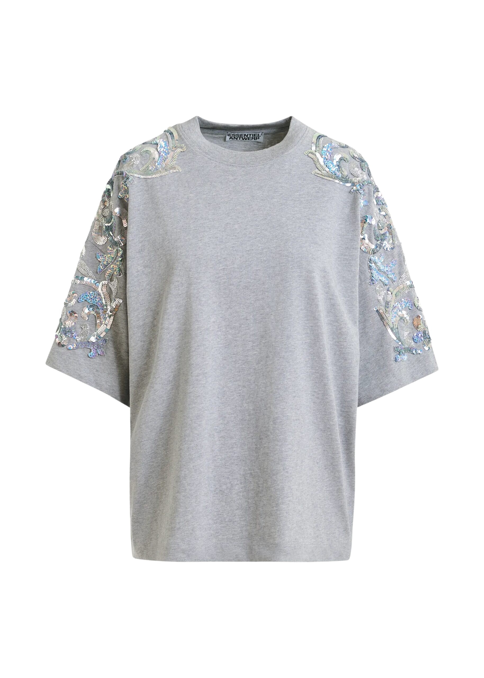Grey cotton T-shirt with sequin and bead embellishments