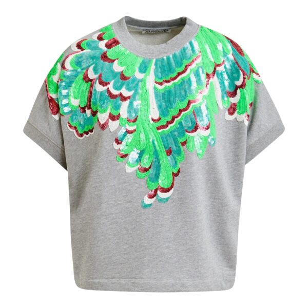 Grey cotton sweatshirt with multicolor feather embellishments