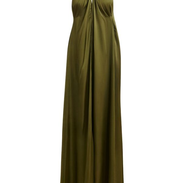 Khaki A-line halterneck maxi dress with crossover straps