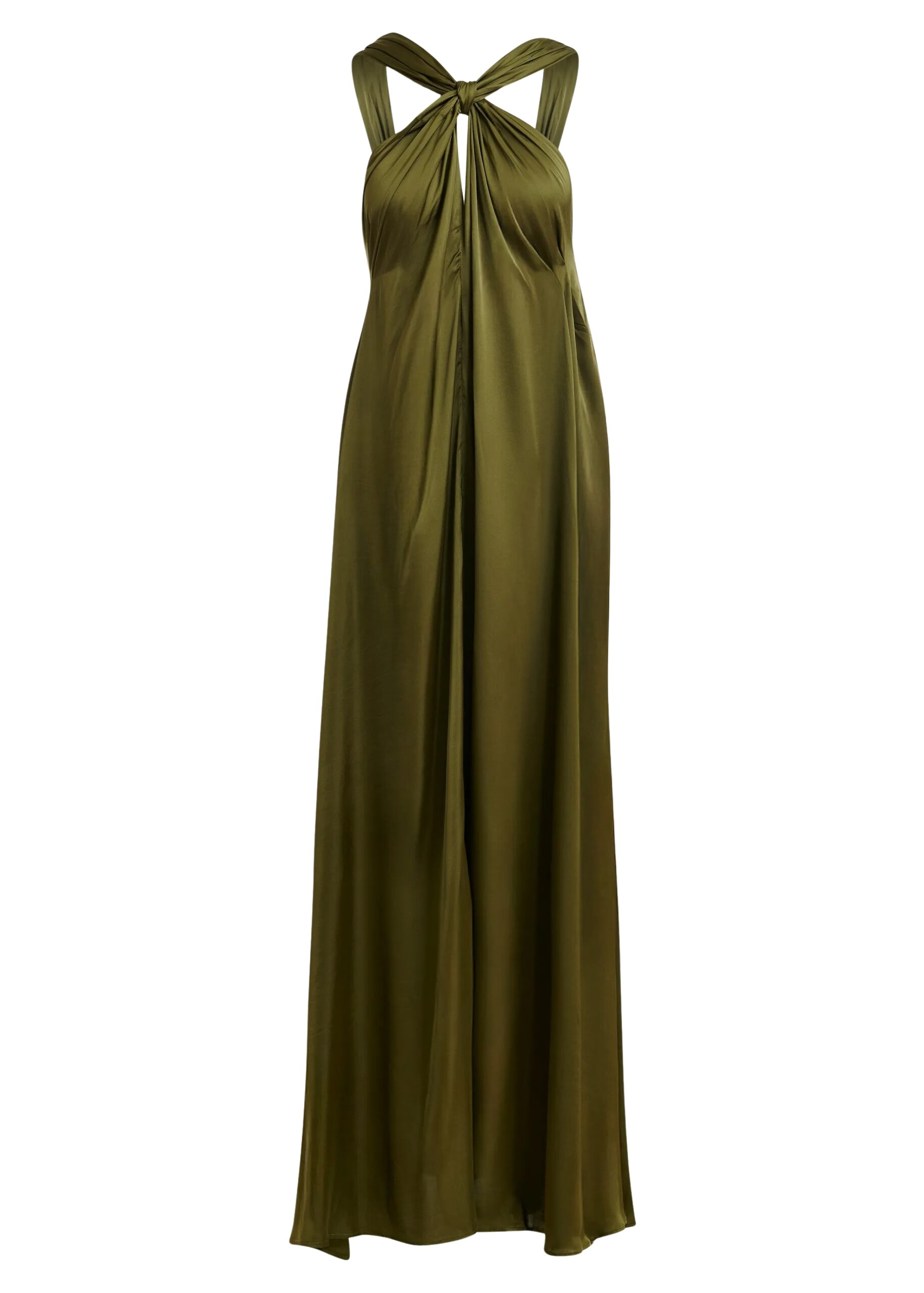 Khaki A-line halterneck maxi dress with crossover straps