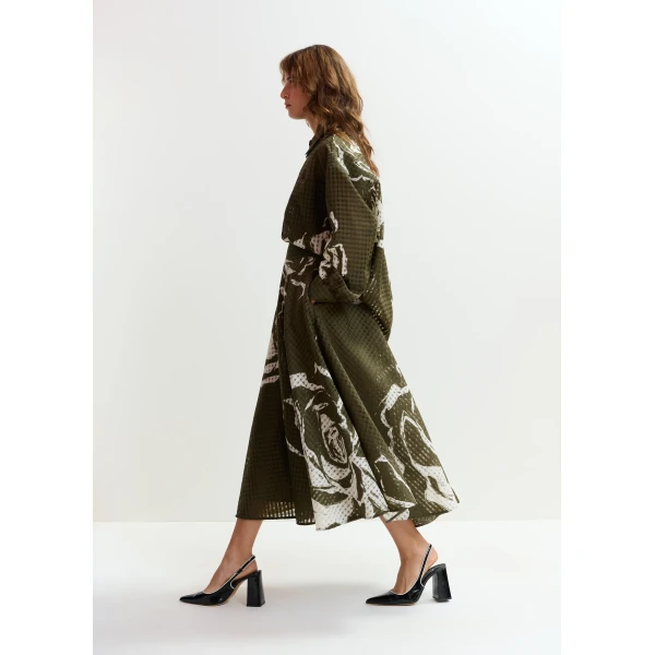 Essentiel Antwerp Khaki and off-white oversized sheer printed shirt, view 5