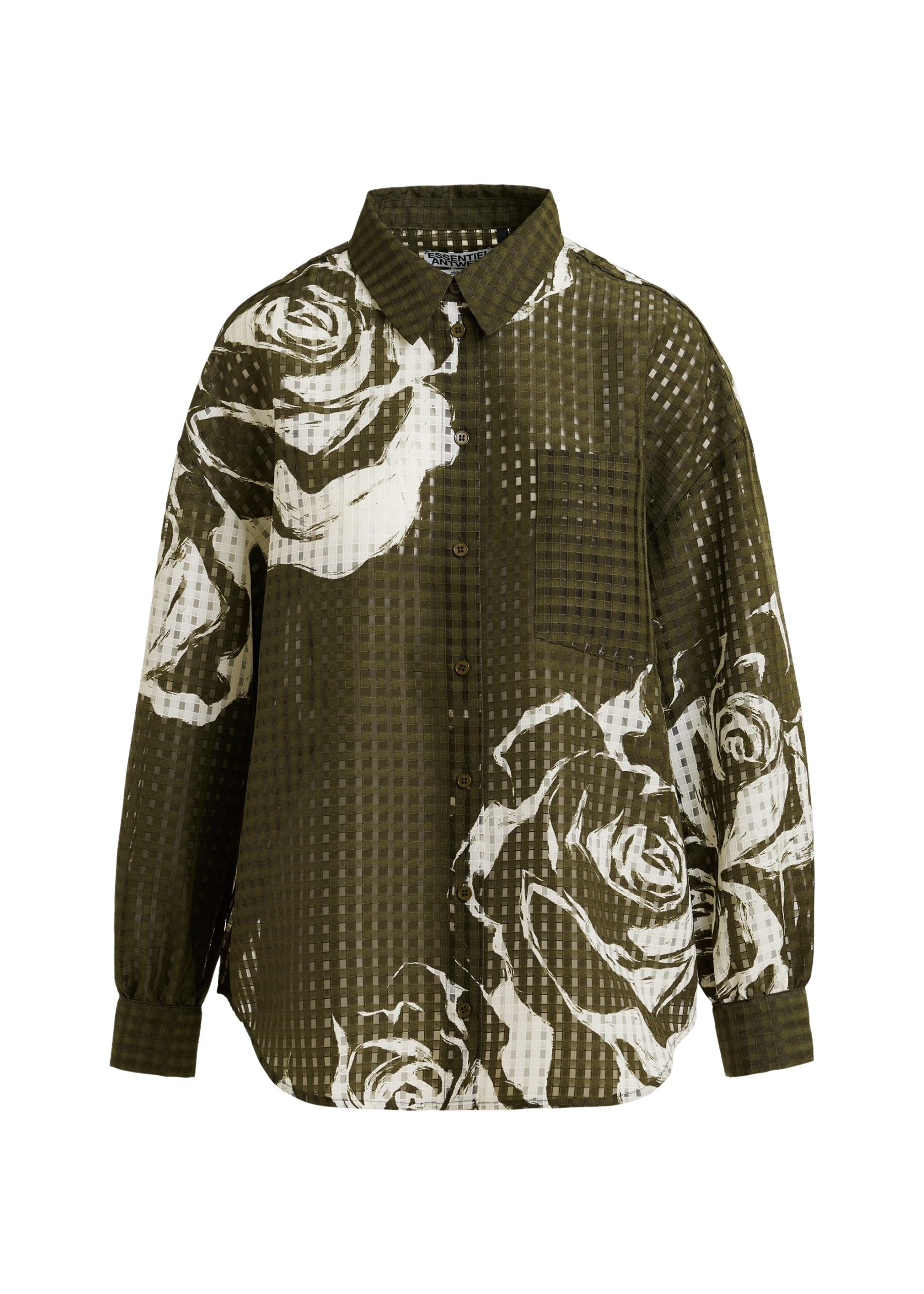 Khaki and off-white oversized sheer printed shirt