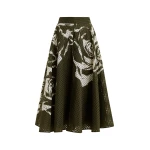Khaki and off-white pleated midi skirt with flowers