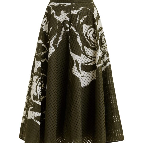 Khaki and off-white pleated midi skirt with flowers
