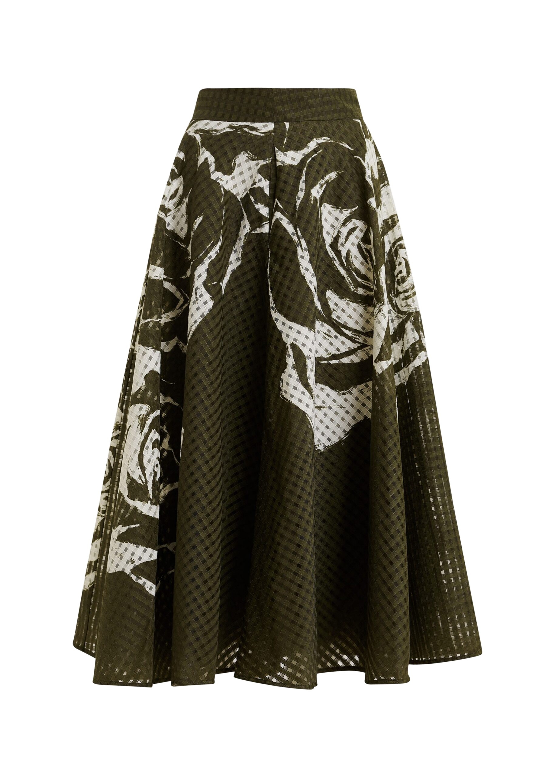 Khaki and off-white pleated midi skirt with flowers