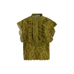Khaki broderie anglaise cotton blouse with ruffled trims