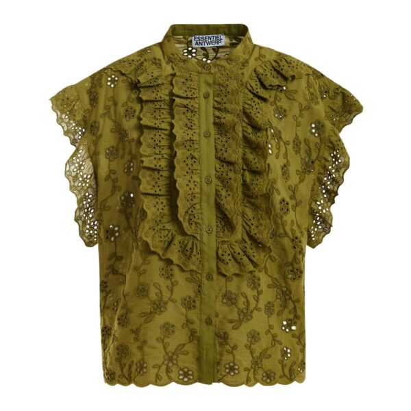Khaki broderie anglaise cotton blouse with ruffled trims