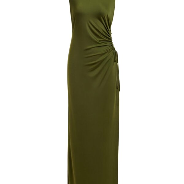 Khaki fitted sleeveless dress with ruched cut-out detail