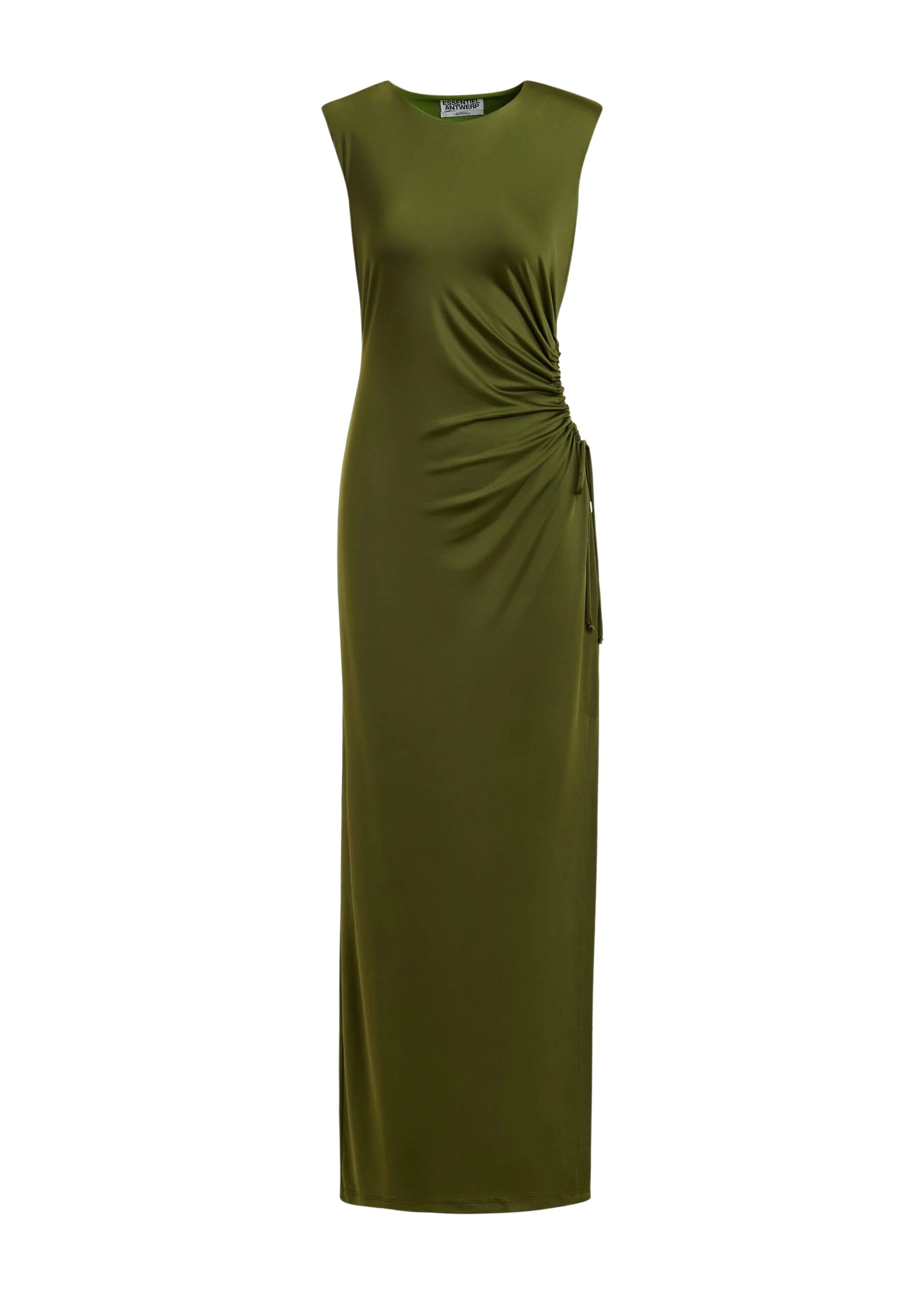 Khaki fitted sleeveless dress with ruched cut-out detail