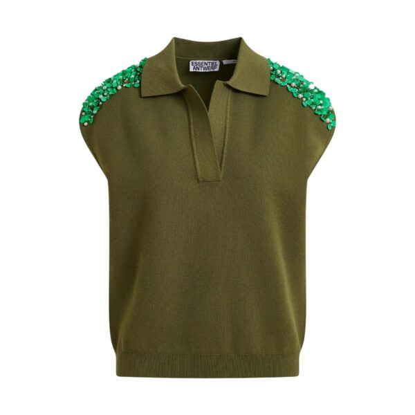 Khaki sleeveless polo with green embellished shoulders
