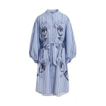 Light blue and black oversized cotton shirt dress with floral appliqué embroidery and bead embellishments