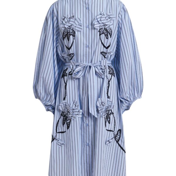 Light blue and black oversized cotton shirt dress with floral appliqué embroidery and bead embellishments