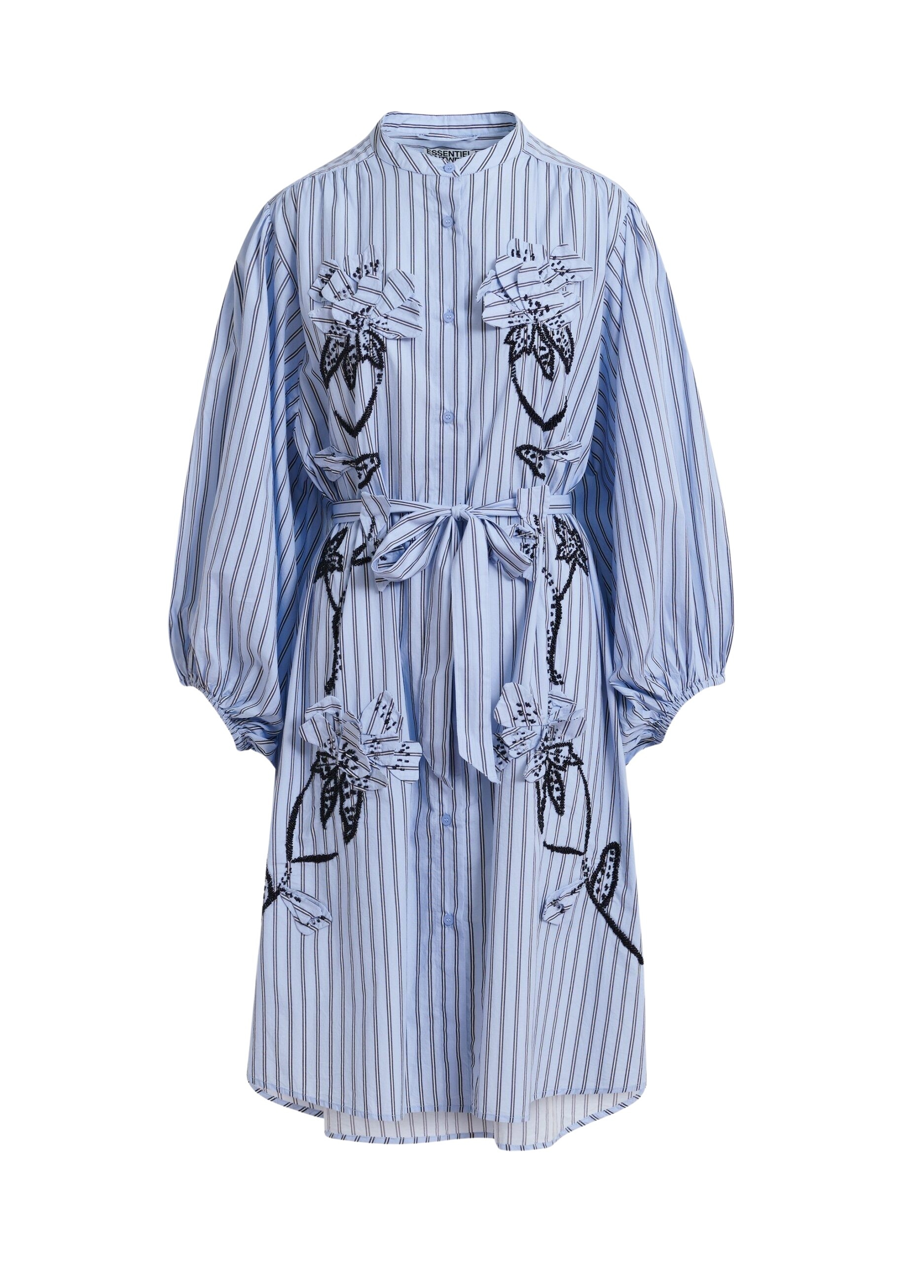 Light blue and black oversized cotton shirt dress with floral appliqué embroidery and bead embellishments