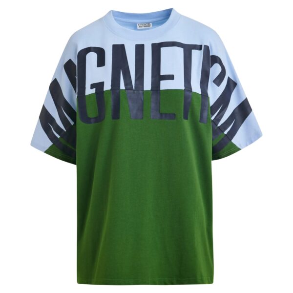 Light blue and green color-block oversized T-shirt with “Magnetism”-print
