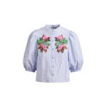 Light blue and multicolor floral sequin and bead-embellished shirt with voluminous sleeves