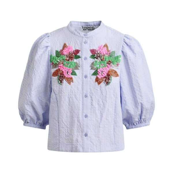 Light blue and multicolor floral sequin and bead-embellished shirt with voluminous sleeves