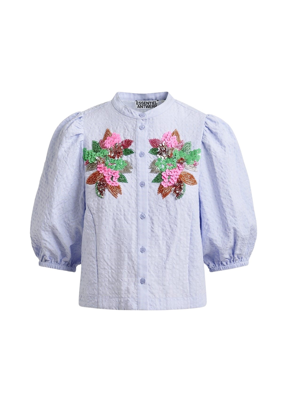 Light blue and multicolor floral sequin and bead-embellished shirt with voluminous sleeves