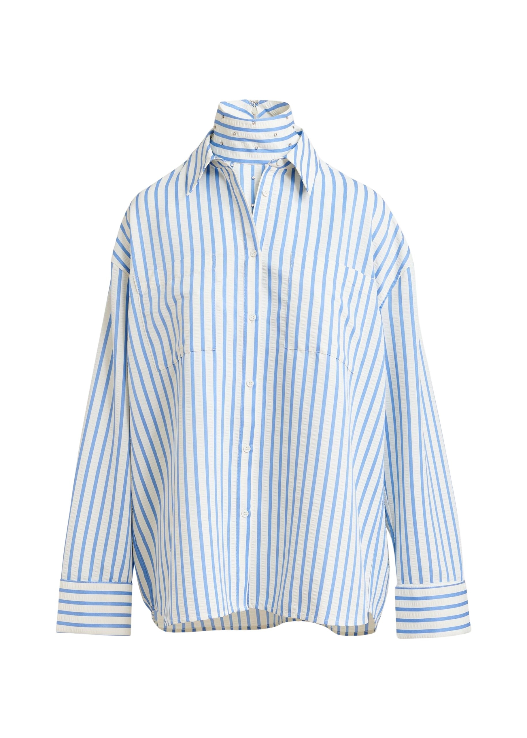 Light blue and off-white oversized shirt with rhinestone embellishments and layered bib