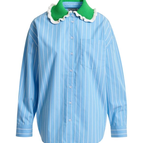 Light blue and off-white striped cotton shirt with green crochet ruffled collar