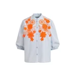 Light blue and orange cotton shirt with appliqué flowers with mandarin collar