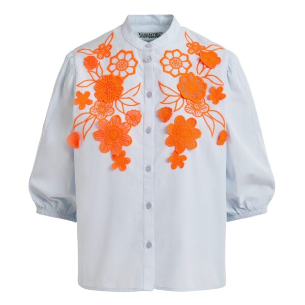 Light blue and orange cotton shirt with appliqué flowers with mandarin collar