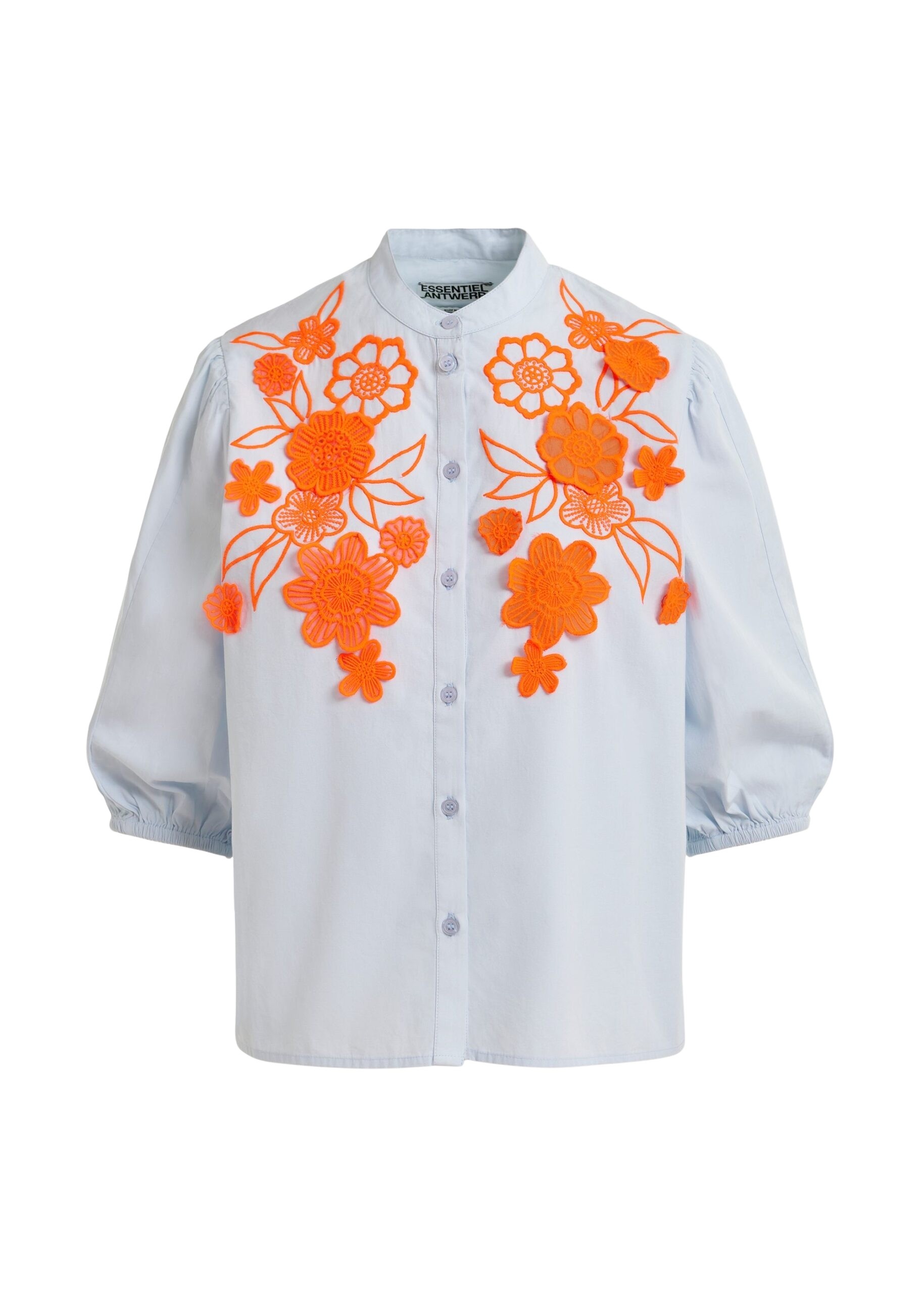 Light blue and orange cotton shirt with appliqué flowers with mandarin collar