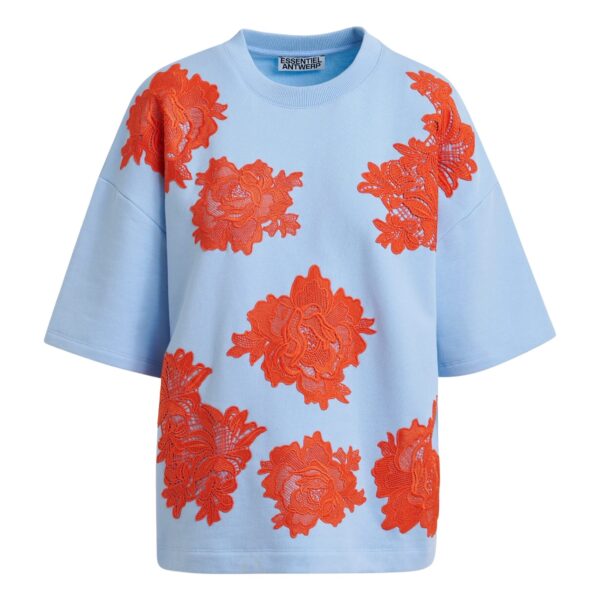 Light blue and orange floral lace-embellished sweatshirt
