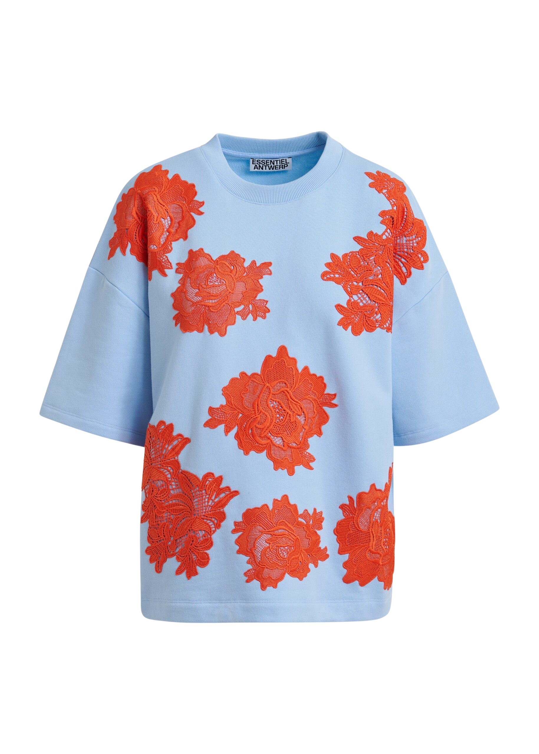 Light blue and orange floral lace-embellished sweatshirt