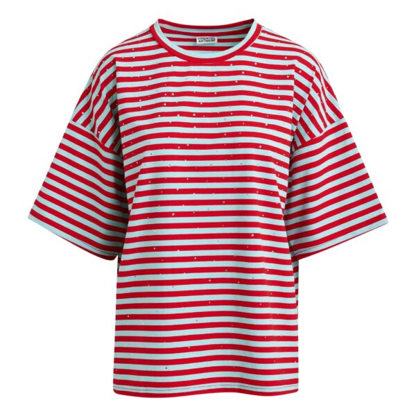 Light blue and red striped rhinestone-embellished oversized cotton T-shirt