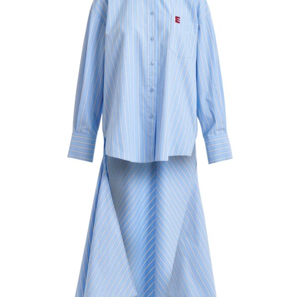 Light blue and white oversized cotton shirt with transformable tie detail