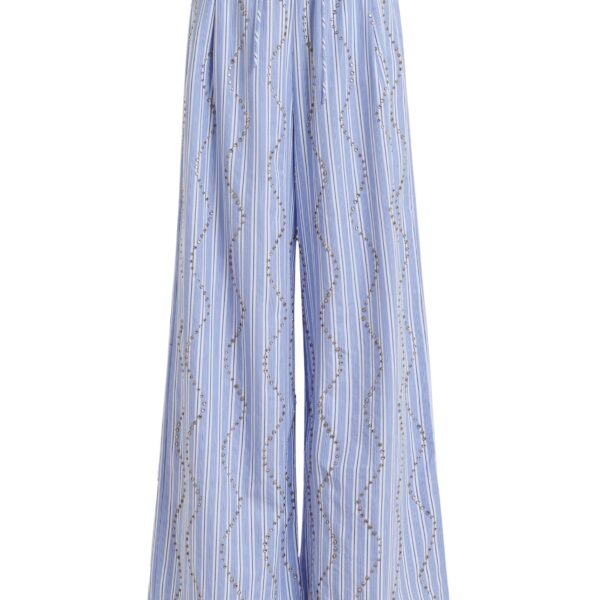 Light blue and white rhinestone-embellished striped wide-leg pants