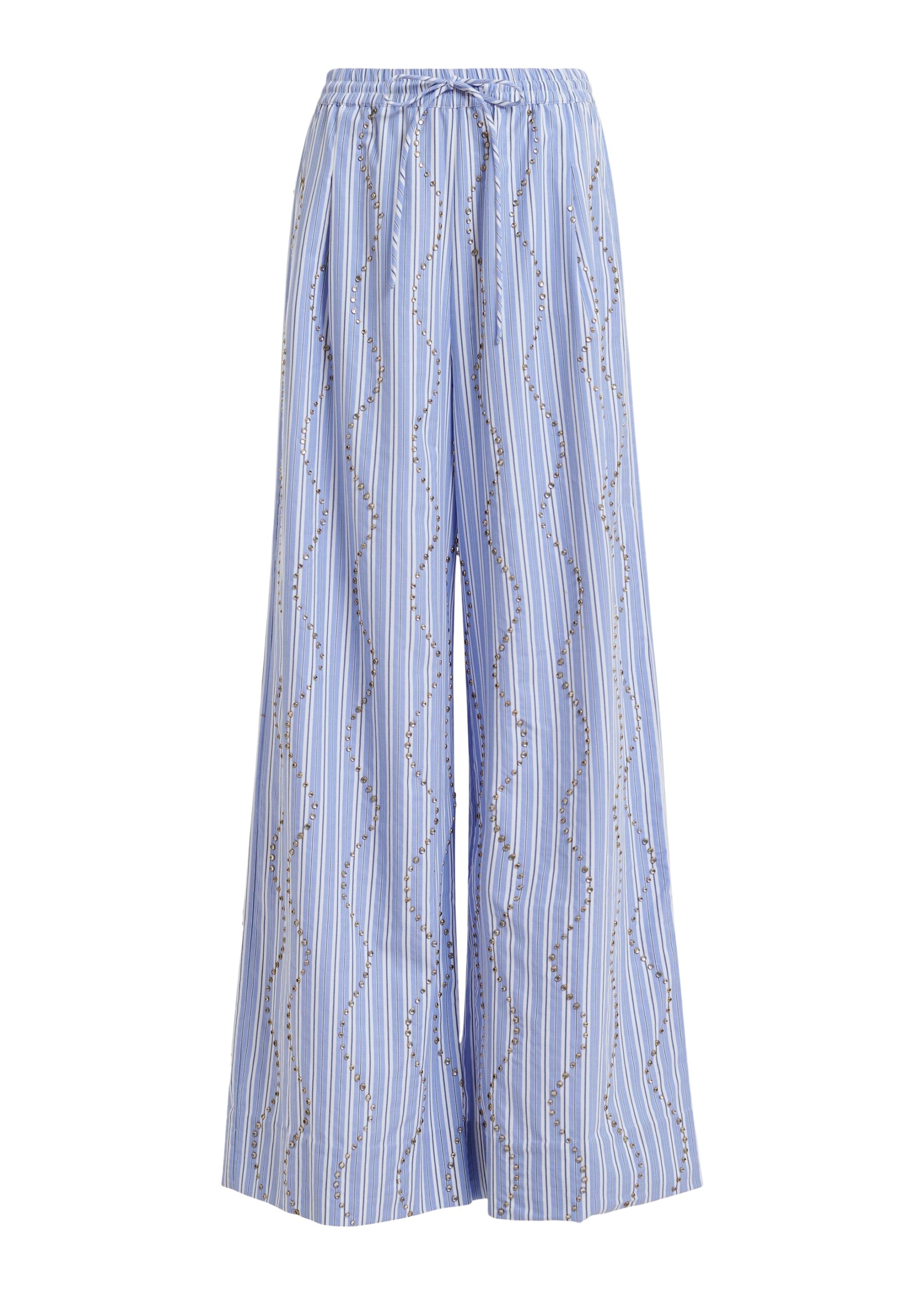 Light blue and white rhinestone-embellished striped wide-leg pants