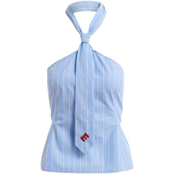 Light blue and white striped halterneck cotton top with tie detail