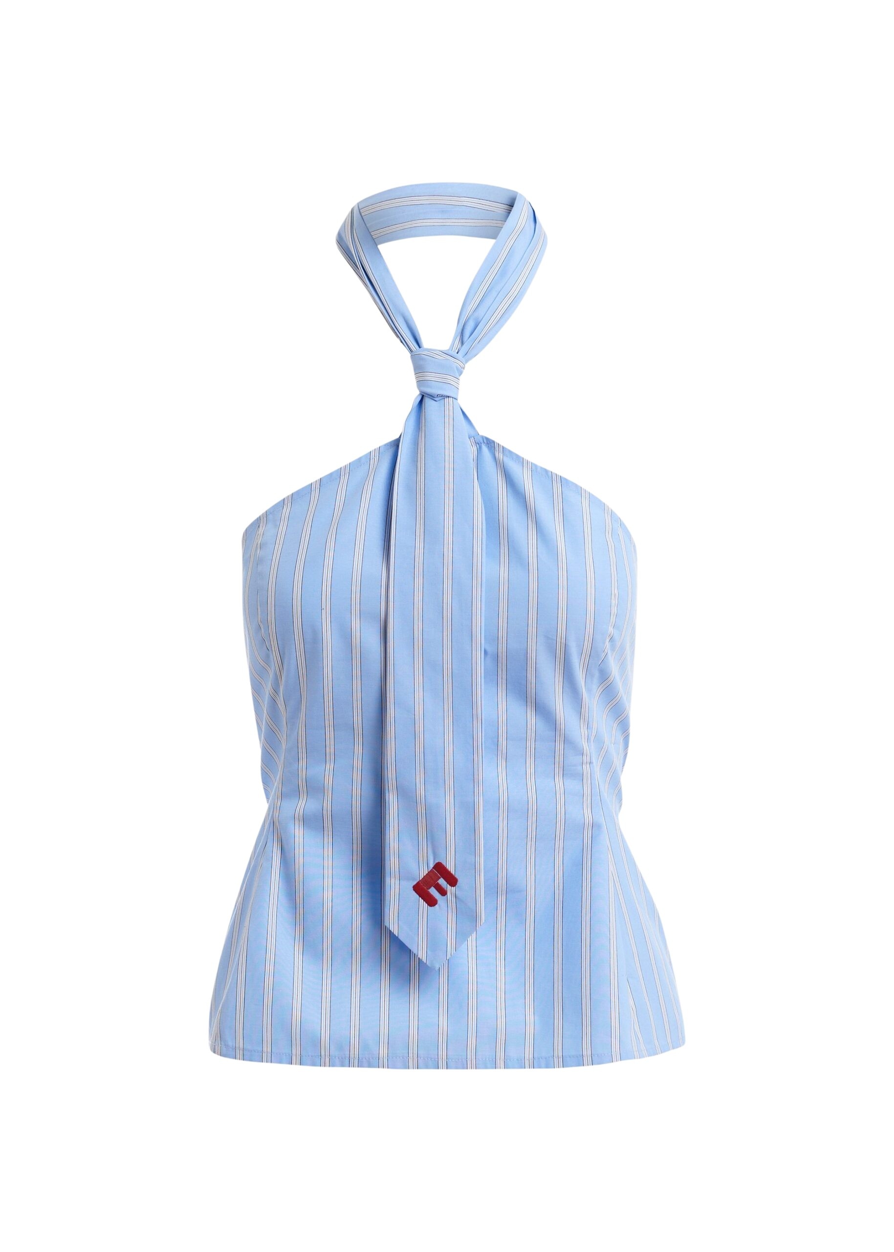 Light blue and white striped halterneck cotton top with tie detail