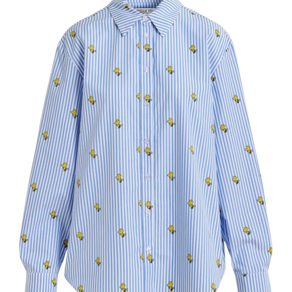 Light blue and white striped oversized cotton shirt with yellow Peanuts™ print