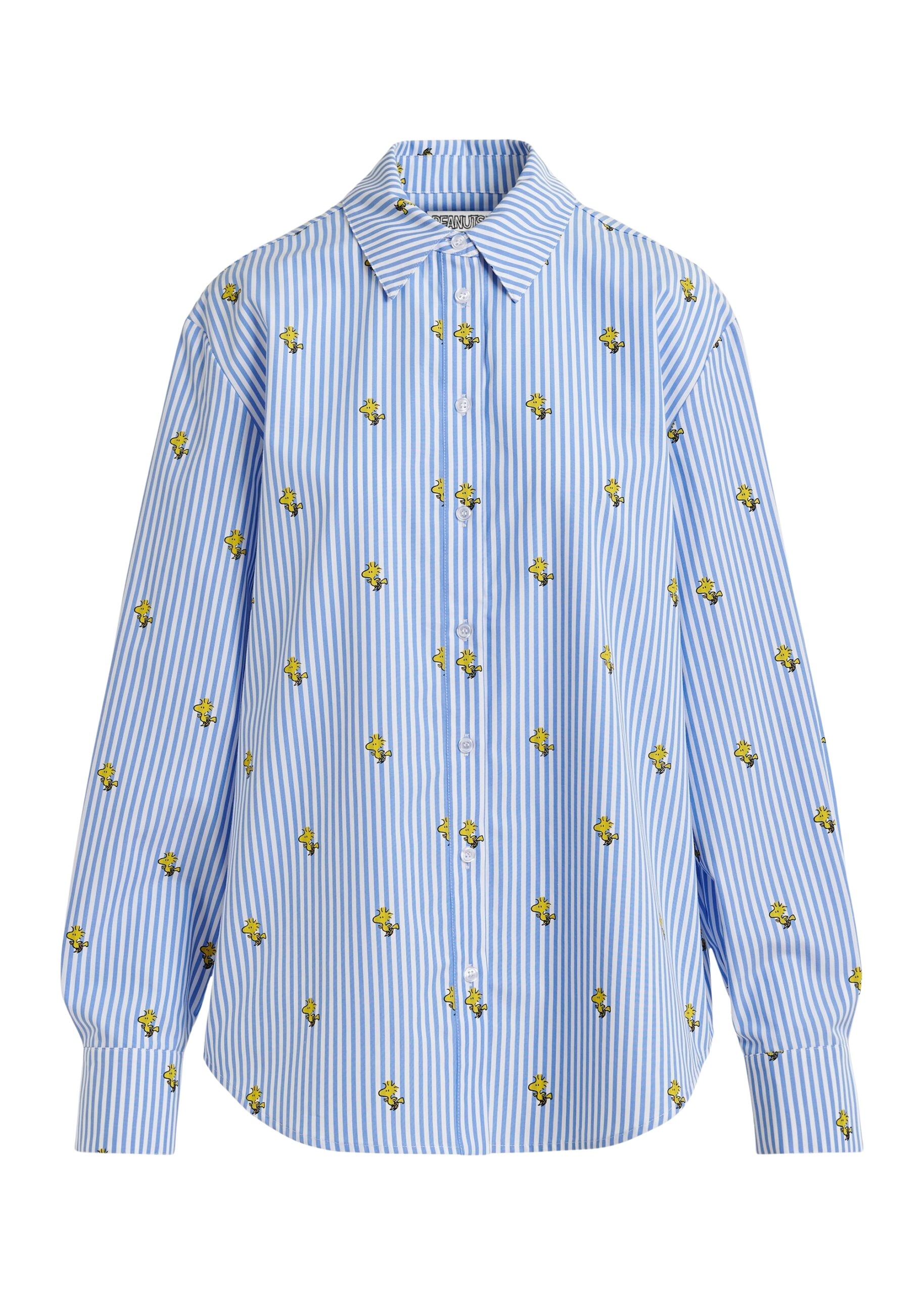 Light blue and white striped oversized cotton shirt with yellow Peanuts™ print