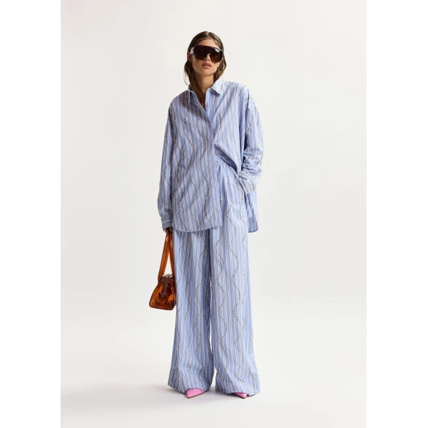 Essentiel Antwerp Light blue and white striped oversized shirt with stud embellishments, view 5