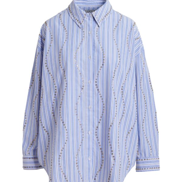 Light blue and white striped oversized shirt with stud embellishments