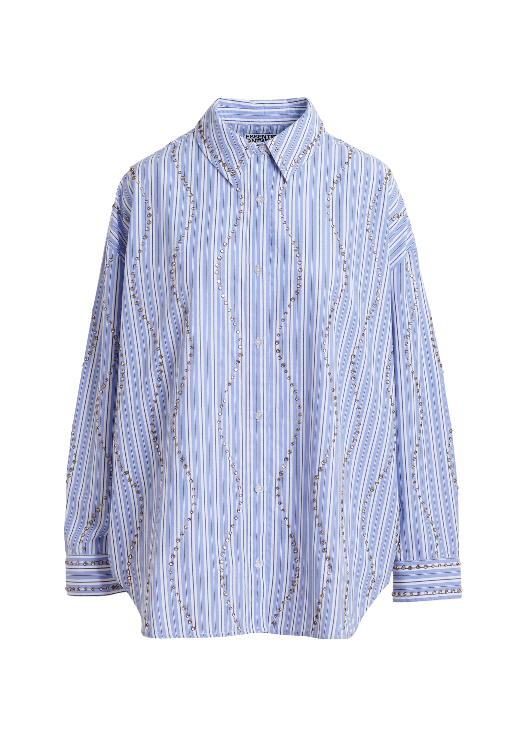 Light blue and white striped oversized shirt with stud embellishments