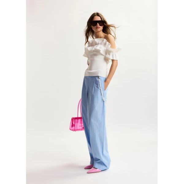 Essentiel Antwerp Light blue and white tapered-leg cotton pants with detachable pearl belt, view 2