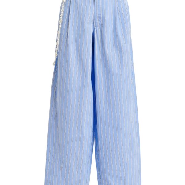 Light blue and white tapered-leg cotton pants with detachable pearl belt