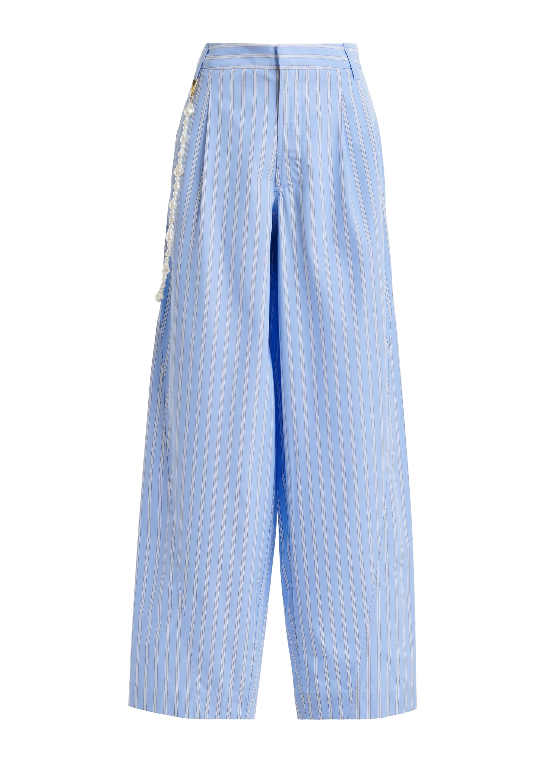 Light blue and white tapered-leg cotton pants with detachable pearl belt