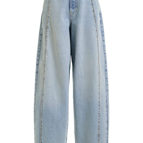 Light blue balloon-leg jeans with silver rhinestone side trim