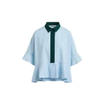 Light blue cotton peplum shirt with dark green contrast detailing
