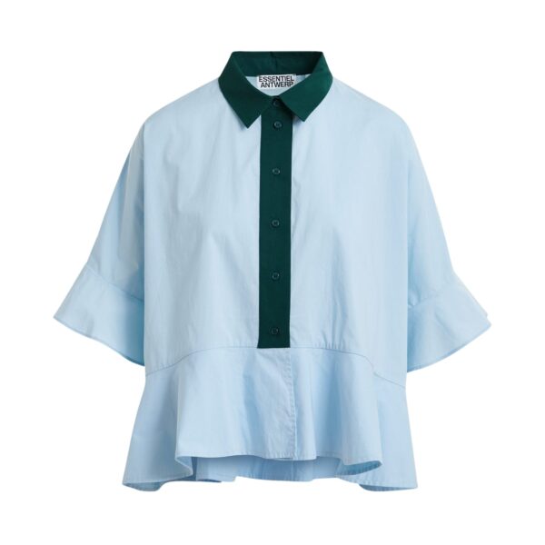 Light blue cotton peplum shirt with dark green contrast detailing