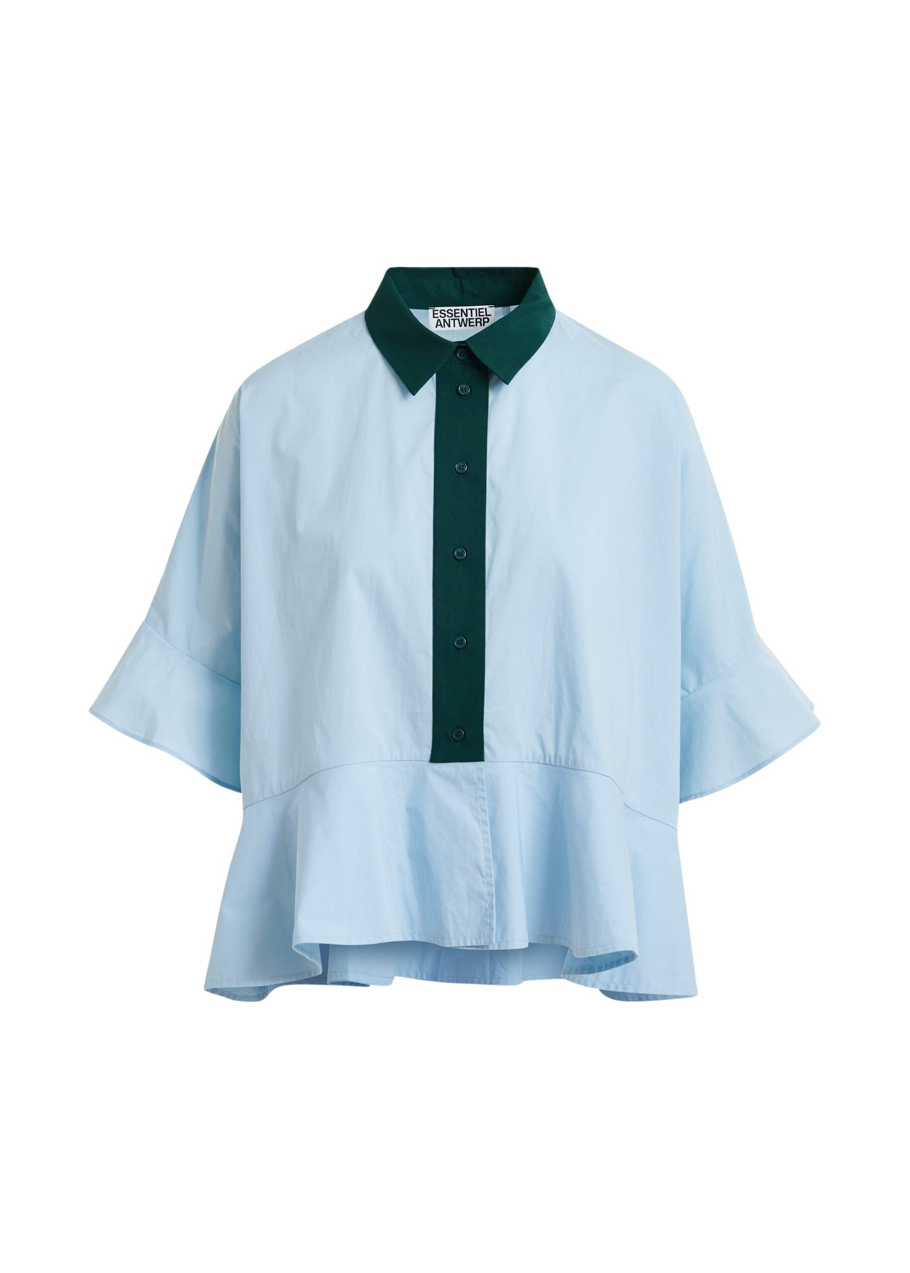 Light blue cotton peplum shirt with dark green contrast detailing