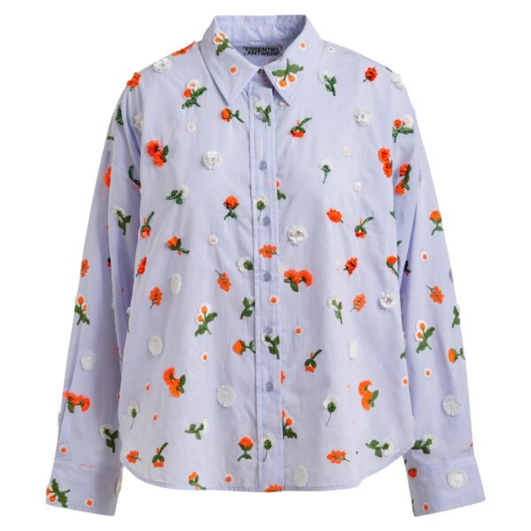 Light blue cotton shirt with green and orange flower sequin