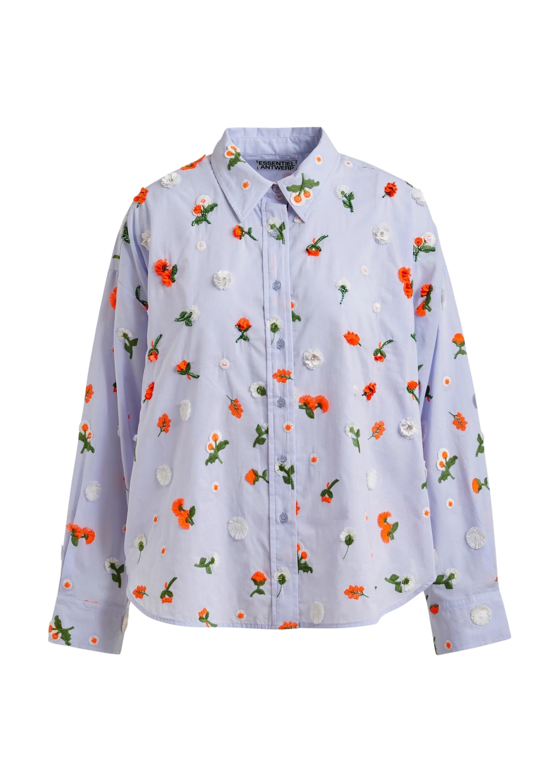 Light blue cotton shirt with green and orange flower sequin